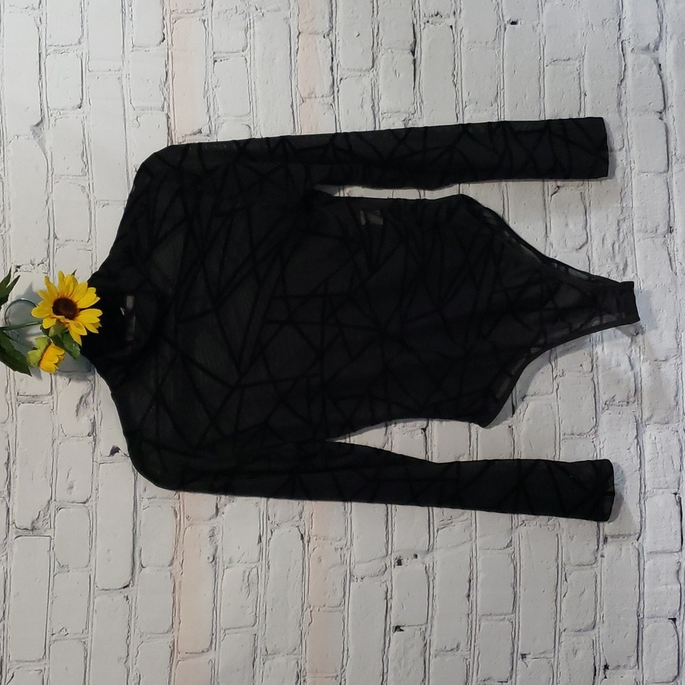 Black sheer bodysuit mock turtle, unique velvet strip "web" Sz M Jome Design